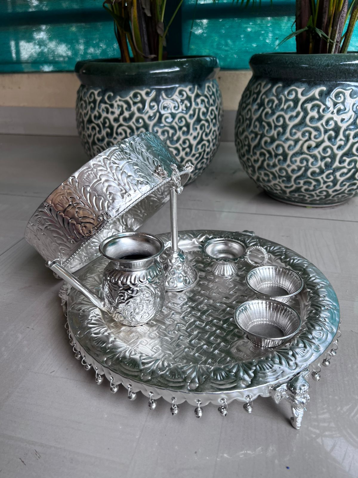 german silver KARWACHAUTH SET Checkered elephant model ghunghroo pooja thali WITH Chalni and karwa kalash set